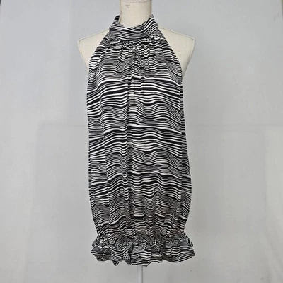 Bebe Women’s M Black White Stripe 100% Silk Halter Tunic Blouse Keyhole Back - Image 1 of 4
