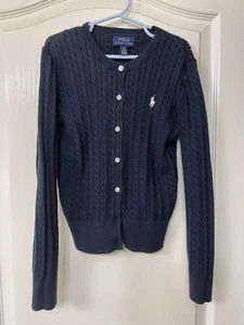 Polo Ralph Lauren navy blue cable knit button up cardigan girls sweater SIZE 8 - Picture 1 of 4