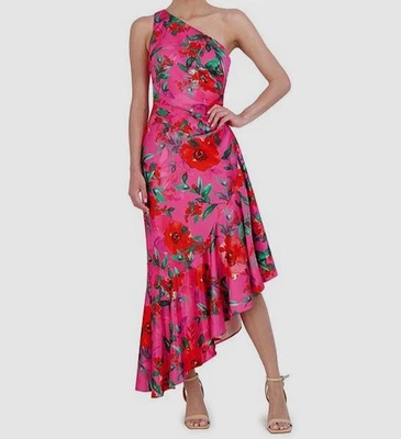 Vestido para mujer Eliza J rosa estampado floral asimétrico de un hombro talla 10 Foto 1 de 3
