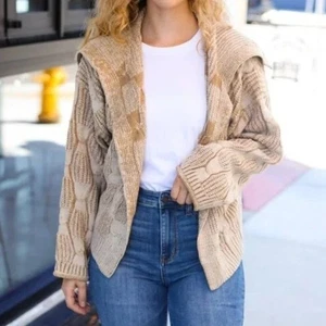 New Autumn Vibes Taupe Textured Cable Knit Collared Cardigan Sizes 1x, 2x, & 3X - Picture 1 of 9