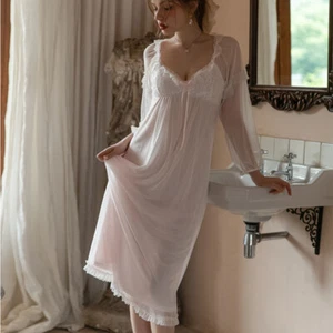 Mujeres Vestido de dormir largo con sujetador almohadilla doble capa vestido de encaje manga larga - Imagen 1 de 4