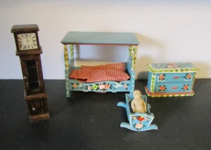 Vintage Dora Kuhn Germania Ovest casa delle bambole mobili baldacchino letto, comò, culla - Foto 1 di 7