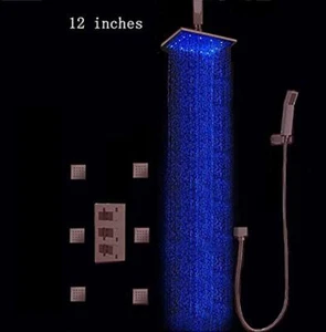 Bathroom Led Shower Head Set Ceiling Rainfall 6 Options 12", Matt Black - Picture 1 of 9