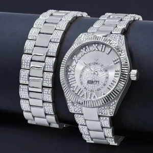 18K White Gold Tone Roman Zirconium Dial Bracelet Hip Hop Metal Set Men's Watch - Picture 1 of 4