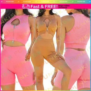Womens Seamless Zip Up Racerback Crop Top + Shorts??2 PC Set Workout Yoga Pants - Picture 1 of 5