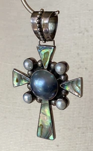 Merav Signed 925 Sterling Silver Mabe Pearl Abalone Cross Pendant Large 14.96g - Picture 1 of 10