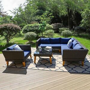 5 Piece Outdoor Rattan Sectional Sofa Set with Coffee Table Patio Furniture
