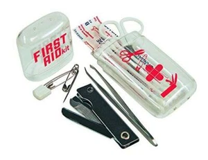 First Aid Mini Kit Scissors Knife Bandages Cotton Swabs Safety Pins Tweezers New - Picture 1 of 5