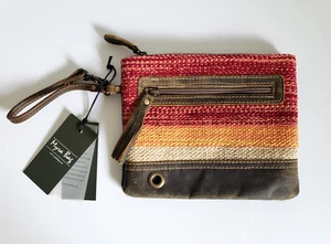 NWT Myra Bag Leather Tapestry Pouch Wristlet Pink Orange Zip Closure 7x8.75 - Picture 1 of 12