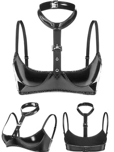 Sexy Women Cupless Bra PVC Leather Nipples 1/4 Cup Shelf Bra Top Thong Underwear - Picture 1 of 12
