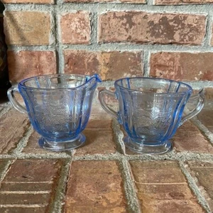 Vtg Light Blue Madrid Glass Recollection Federal Creamer & Sugar Set - Picture 1 of 7