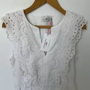 Vineyard Vines Damen Größe 4 Weiß Ösen Baumwolle Midi 👗Kleid 🐚 Muscheldetail - Bild 1 von 12