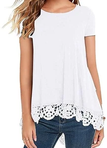 QIXING Women's XXL Tops Short Sleeve Lace Trim Round Neck A Line Tunic Blouse - Picture 1 of 6