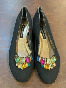 Beverly Feldman Black round toe flat shoes Colorful jewels rhinestones size 8.5 - Picture 1 of 11