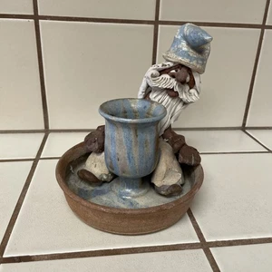Handmade Clay Wizard Figurine Candle Holder Trinket Dish Studio Art Pottery Blue - Picture 1 of 8