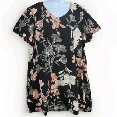 Vestido Nicole Miller Original Mezcla de Lino Talla XXL Negro Floral Manga Acampanada Foto 1 de 4