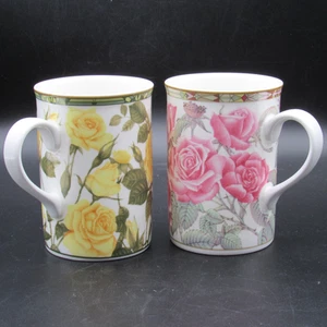 Royal Bone China Mugs, Pair (2), Pink & Yellow Roses, 4" h, Collector's Series - Picture 1 of 13