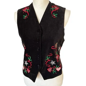 VTG 90s Karen Scott black velvet Christmas vest waistcoat embroidery women small - Picture 1 of 4