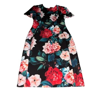 Calvin Klein Black Floral Short Sleeve Crew Neck Back Zip Sheath Dress Size 8 - Picture 1 of 9