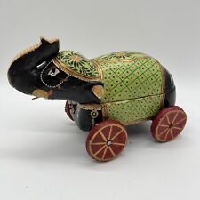 Vintage Hand Carved Wood Elephant Trinket Box on Wheels Antique Folk Art Painted