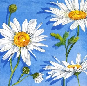 R289# 3 servilletas de papel individuales para decoupage blanco margarita patrón de flor en azul - Imagen 1 de 10
