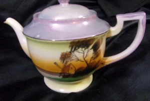 Hand Painted Iridescent Lustreware Tea Pot Blue Peach Japan [8"W x 5.5"H] - Picture 1 of 10