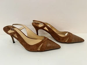 Ivanka Trump Chestnut Brown Suede Sling Back Pump W/ Faux Crocodile Leather Toe - Picture 1 of 15