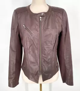 Halogen women's M Burgundy genuine 100% real Leather Jacket full zip crew neck - Picture 1 of 13