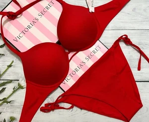 Victoria's Secret Swim Set Bombshell Add-2-Cups Push Up Side Tie Bikini Red - Picture 1 of 4