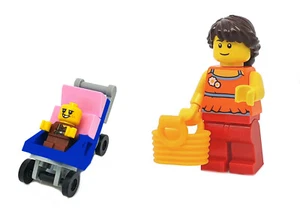 LEGO Minifigur Kinderwagen mit Baby, Mutter und Einkaufskorb, NEU - Picture 1 of 4