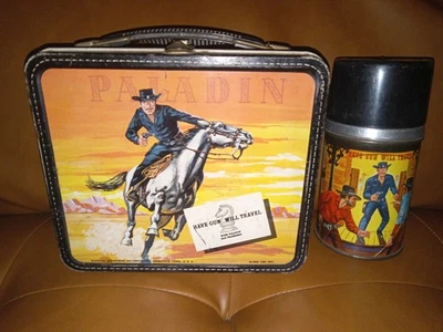 1960-ALADDIN PALADIN-HAVE GUN WILL TRAVEL LONCHERA METÁLICA Y TERMO Raro Foto 1 de 4