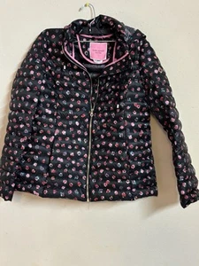 Kate Spade Women Lightweight Packable Down Jacket Hidden Hood Black Flower M - Picture 1 of 11