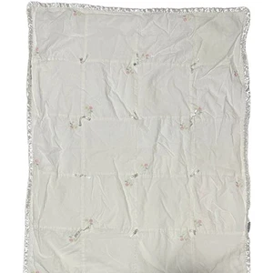 Carters White Satin Back Ruffle Edges Embroidered Vtg Floral Baby Blanket - Picture 1 of 7
