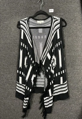Cárdigan suéter Umgee frente abierto para mujer S/M negro blanco flecos azteca occidental Foto 1 de 4