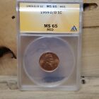 1959 D/D Lincoln Memorial Cent Repunched Mintmark Anacs Ms65 Rd B374