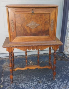 Unique Antique Victorian Walnut Turned Wood Leg Drop Front Secretary Desk - Picture 1 of 23