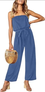 ZESICA Womens Off Shoulder Strapless Belted Wide Leg Jumpsuit, Dusty Blue, Small - Picture 1 of 5