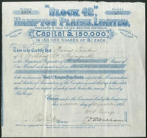 Western Australia: "Block 42" Hampton Plains Ltd., Coolgardie Gold Fields, £1... - Picture 1 of 1