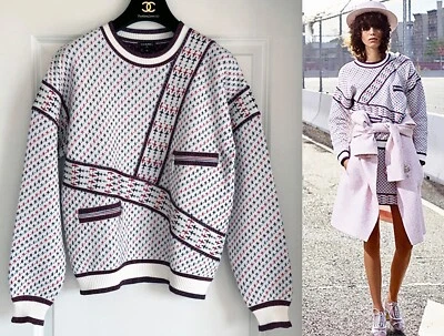 16S CHANEL WHITE RED BLUE METALLIC AIRWAYS PULLOVER SWEATER TOP 36 - Image 1 of 4