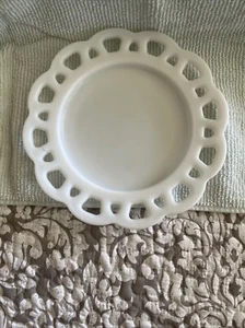 Hazel Atlas White Opaque Milk Glass Open Lace Edge Plate 8.25" - Picture 1 of 3