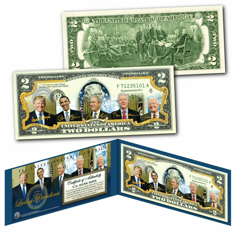 LIVING PRESIDENTS DONALD TRUMP COLORIZED U.S. $2 BILL- CARTER,BUSH,CLINTON,OBAMA - Image 1 of 1