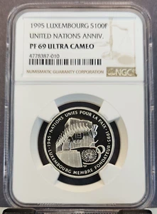 1995 LUXEMBOURG SILVER 100 FRANCS UNITED NATIONS NGC PF 69 ULTRA CAMEO TOP POP - Picture 1 of 3