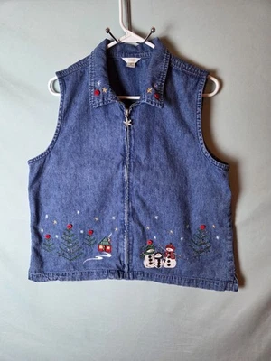 Christopher & Banks Y2K Zip Denim Vest w/Embroidered Christmas Scene Size XL  - Image 1 of 4