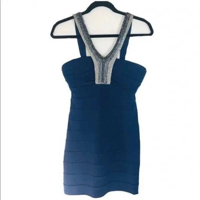 Vestido ceñido al cuerpo azul marino con cuentas cuello en V talla mediana Foto 1 de 4