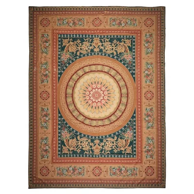 Alfombra de punta de aguja Aubusson francesa tejida a mano de lana verde azulado tejido plano 11'9''x15'8"" Foto 1 de 4