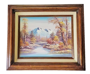 Gerahmtes signiertes Mitchell Ölgemälde von Mountain River Forest Cabin - Bild 1 von 8