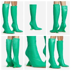 NEW GREEN MOCK CROC PRINT LADIES 5 HIGH WEDGE HEEL POINTED TOE KNEE HIGH BOOTS - Picture 1 of 24