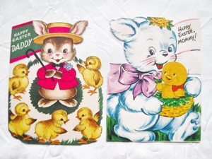 2 Vintage Greeting Card Easter Bunny Felt Mommy Daddy Gibson Cards Rabbit