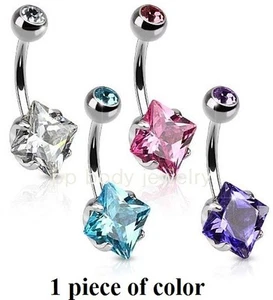 1pc. 14G~3/8" 8mm Prong Set Square C.Z. Surgical Steel Navel Ring (Choose color) - Picture 1 of 1
