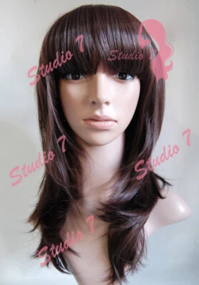 W70 schokoladenbraun gerade Fransen Damen Perücke Kunsthaut Top Studio7-uk